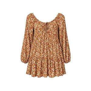 Billabong Womens Orange Floral Babydoll Mini Dress Tiered Long Sleeve Size L